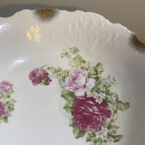 VTG Porcelain bowl red/pink roses 9” Shabby Chic Rare Gold Gilding - Picture 5 of 13